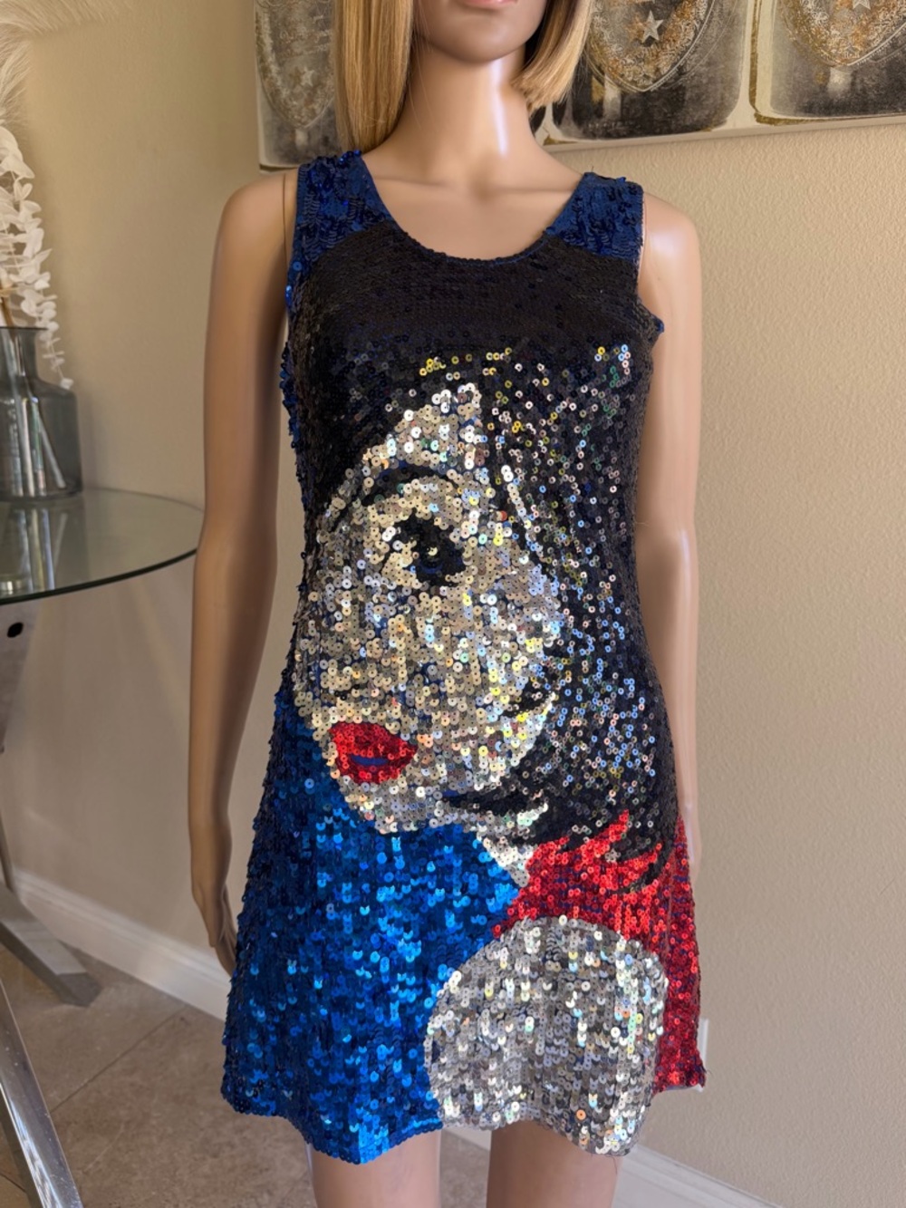 Vintage Sequin Pop Stretch Art Mini Dress - Blue, Red, Silver